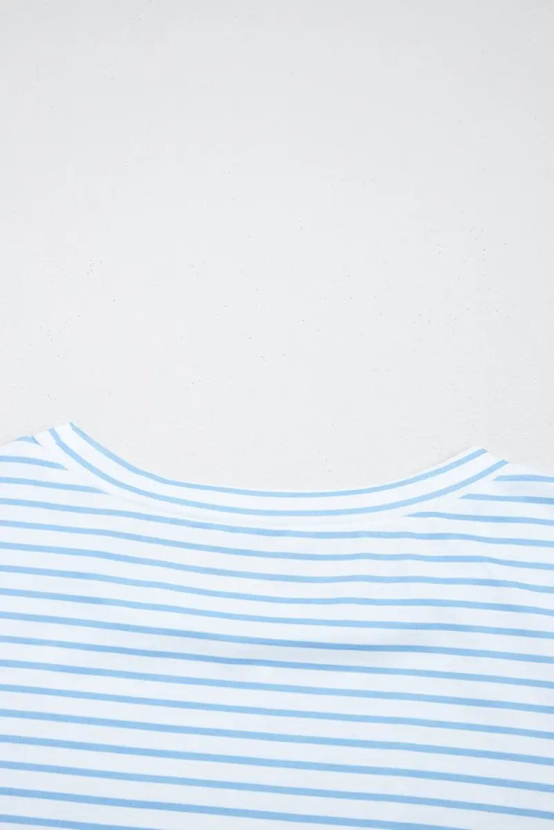 Sky Blue Stripe Three Quarter Floral Puff Sleeve Patchwork Drop Shoulder Top - Love Salve